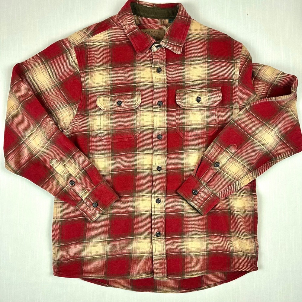 Orvis Mens Red Plaid Flannel Shirt Jacket Side Pockets Size Medium